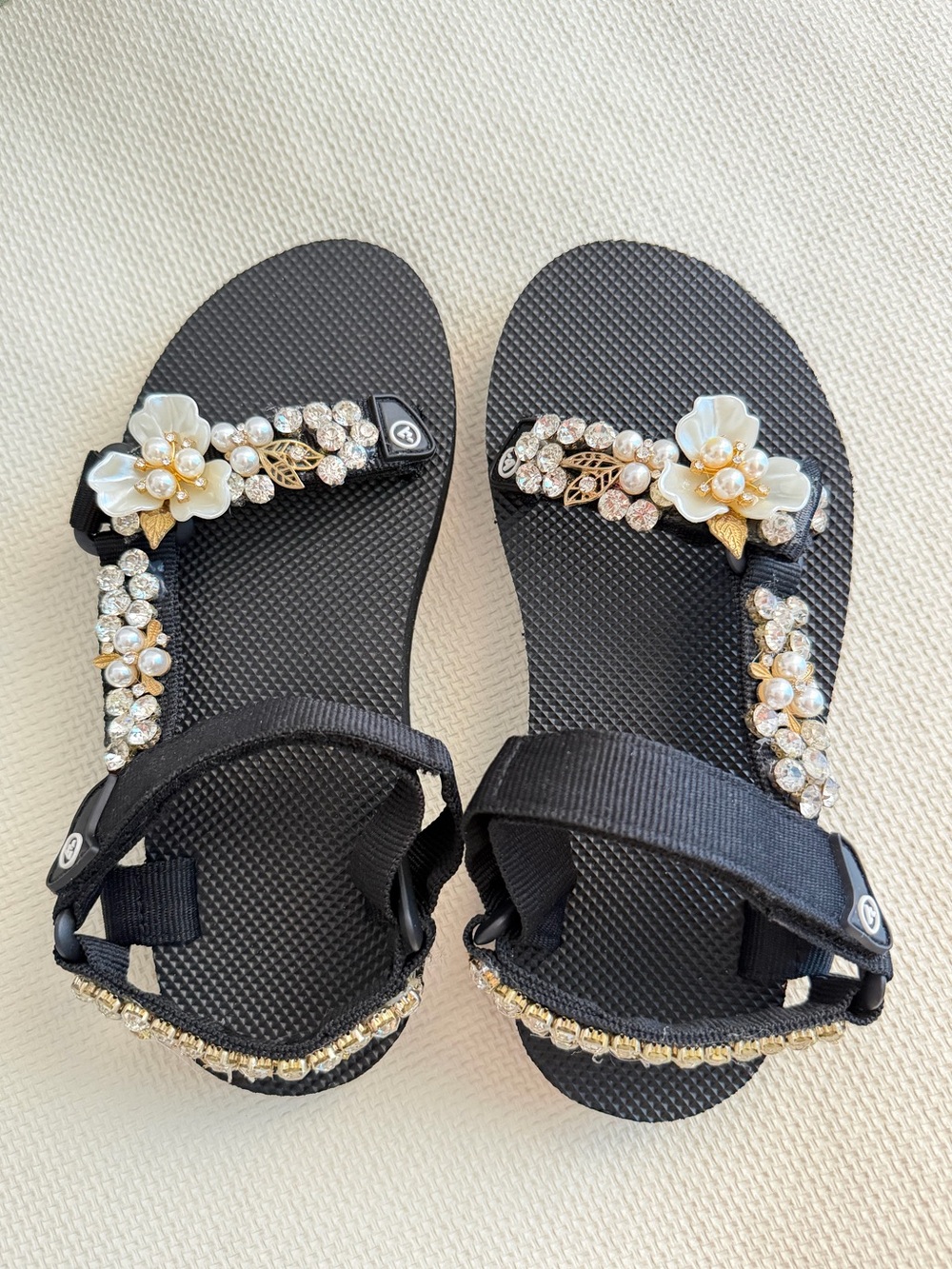 Black Embellished Floral Pearl Sandals